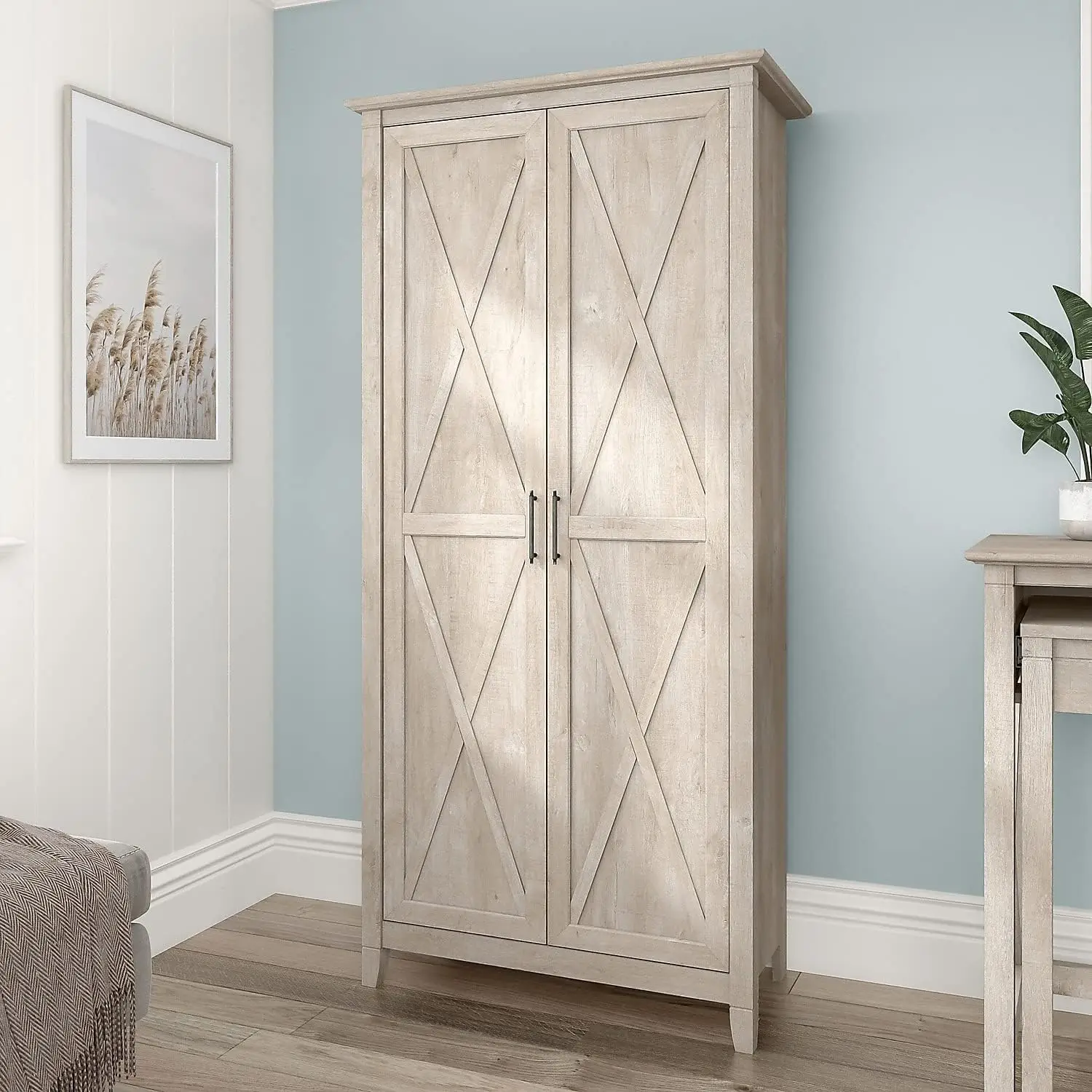 Tall Storage Cabinet with Doors in Washed Gray