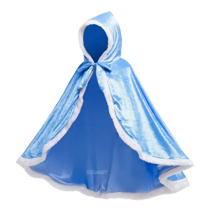 Capa de Elsa para niñas, chal de terciopelo con capucha de dibujos animados, ropa de princesa azul, invierno, 2024