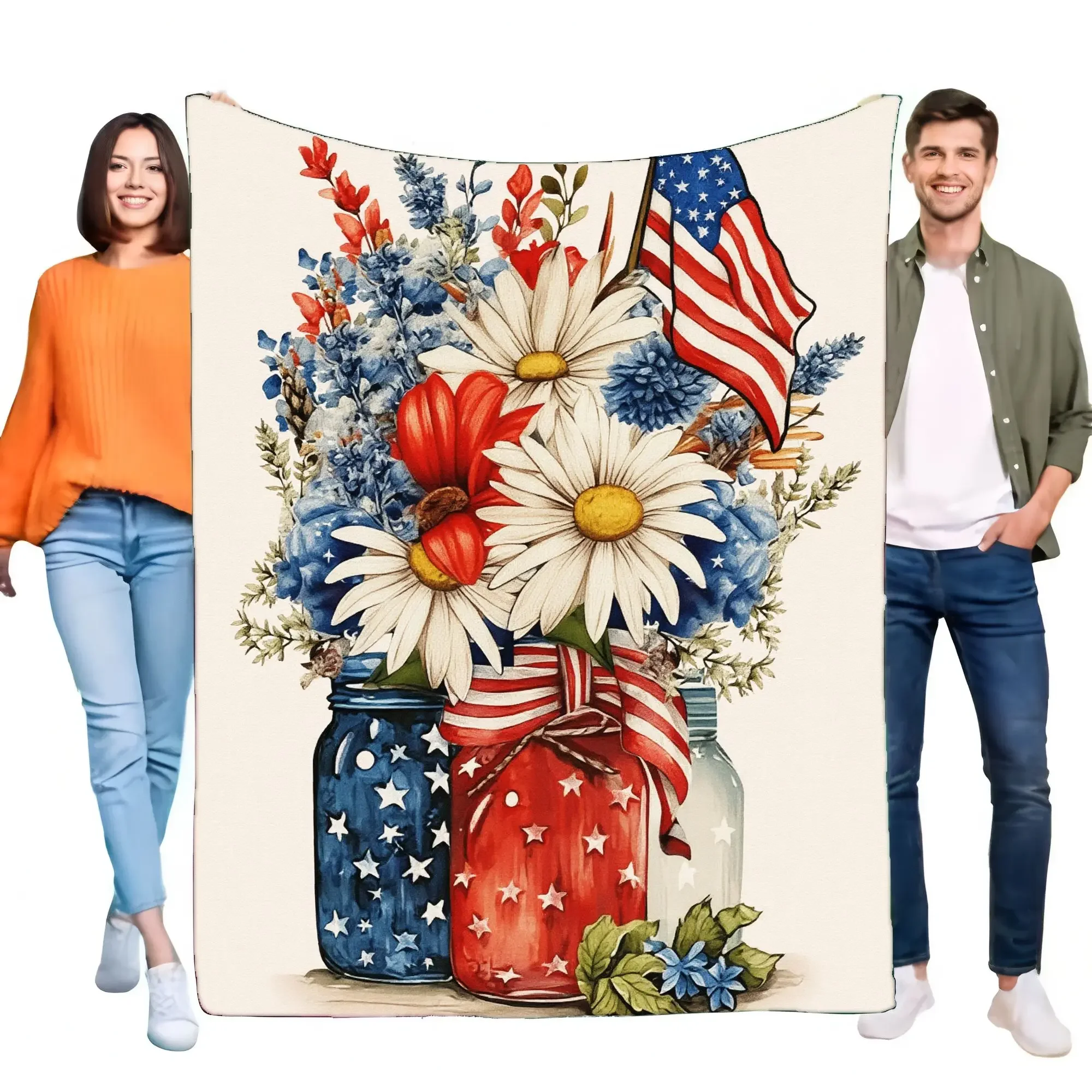 Patriotic Floral Throw Blanket Cozy Soft Bed Sofa Cover Lightweight Home Decor Gift for USA Holidays Celebrations Ideal for Inde