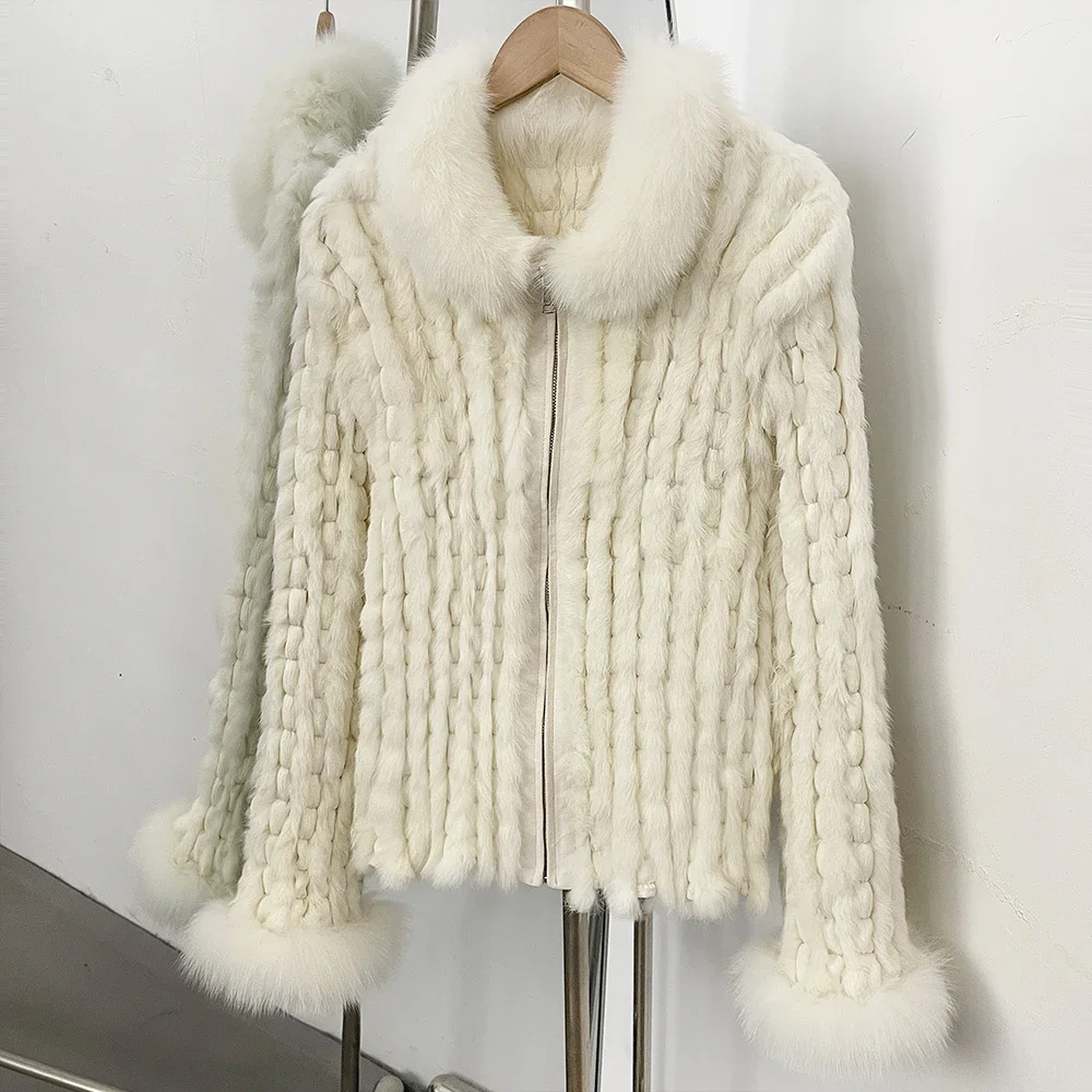 OFTBUY Mantel aus Naturfell mit Reißverschluss und Stehkragen, Damen, wendbar, aus echtem Kaninchenfell, kurze Jacke, neuer Wintermantel, Oberbekleidung. – Detail 6