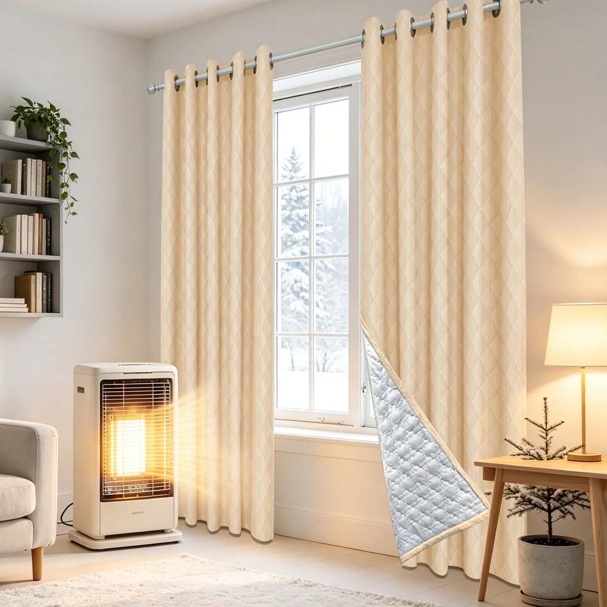 Triple Layer Thermal Cold Barrier Window Curtain, Diamond Quilted Windproof Grommet Drape, Heat Retaining Sound Insulation Winte