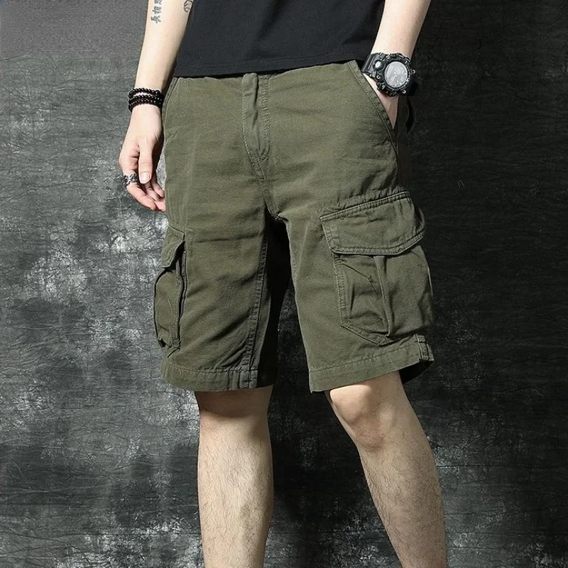 Male Bermuda Short Pants Solid Men's Cargo Shorts Cotton Khaki With Pockets Summer Casual Jorts Trend Unique Wide Front Pocket