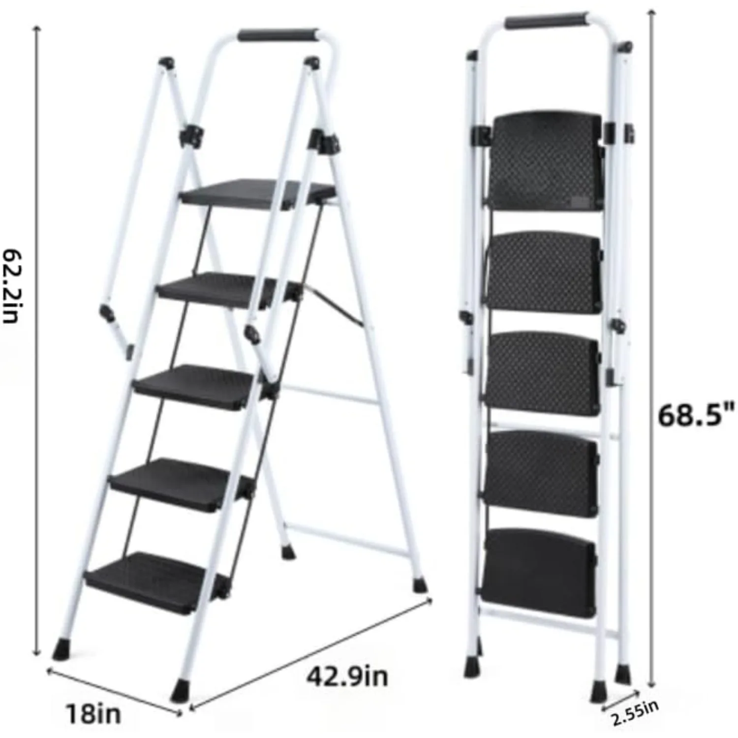5 Step Ladder with Handrails, 330 lb Capacity Folding Step Stool with Wide Anti-Slip Pedals, Lightweight White Steel Ladder for Home, Kitchen, Closet and Office