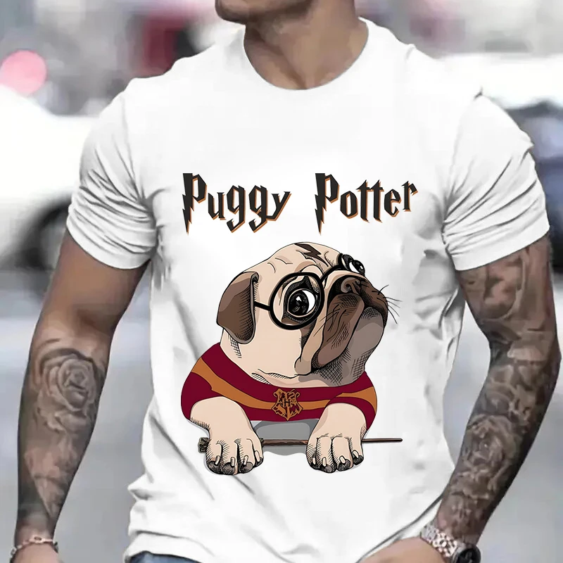 Puggy Potter Print Men T-Shirt Trendy Dog Lover Graphic Top Short Sleeve Tees Casual Streetwear Harajuku Male Oversized Clothing