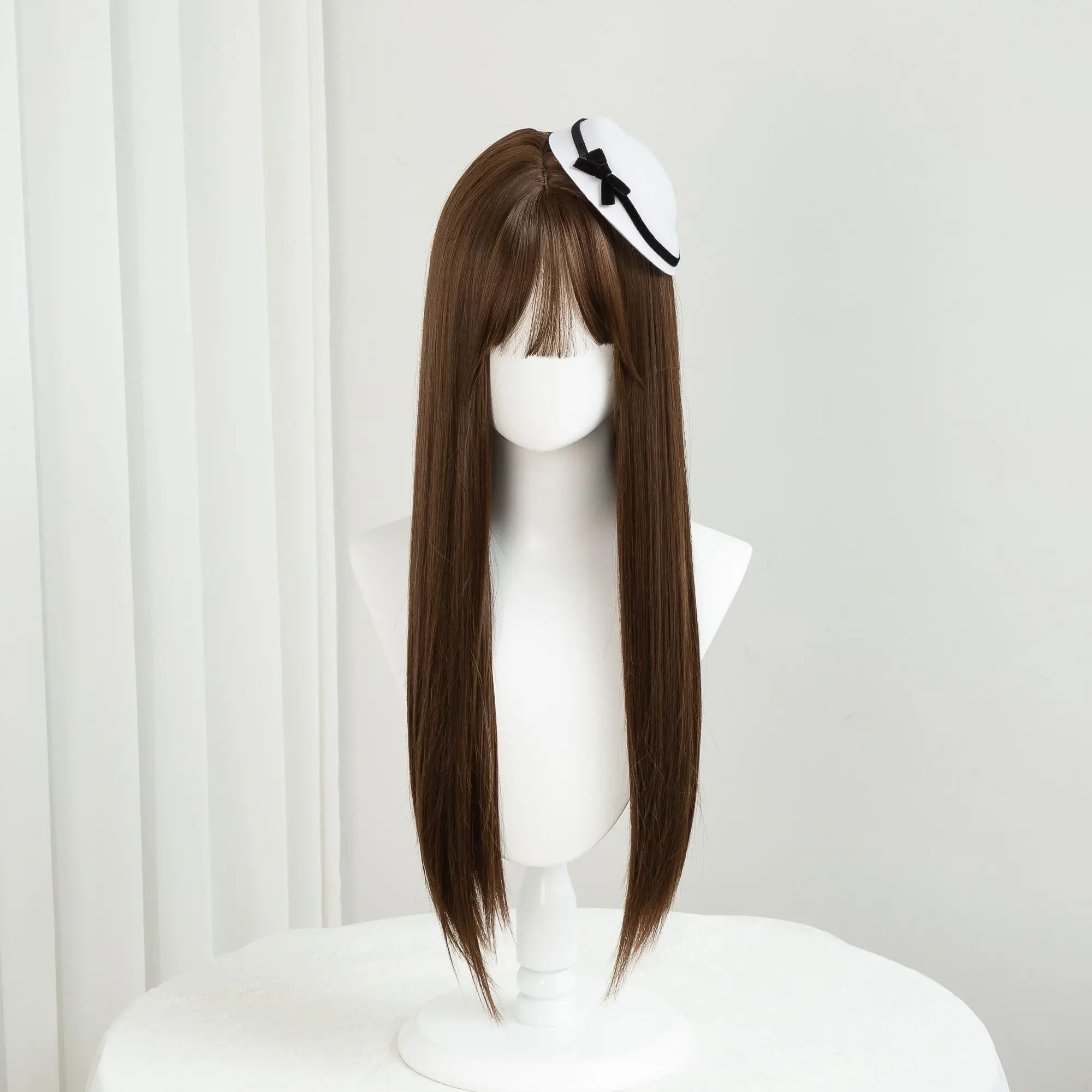 ‌ วิกผมโลลิต้าพร้อมตาข่ายกุหลาบ - ผมยาวหวานแหววมีหน้าม้า วิกผมสังเคราะห์คุณภาพสูง วิกผมคอสเพลย์น่ารักสำหรับสาวๆ