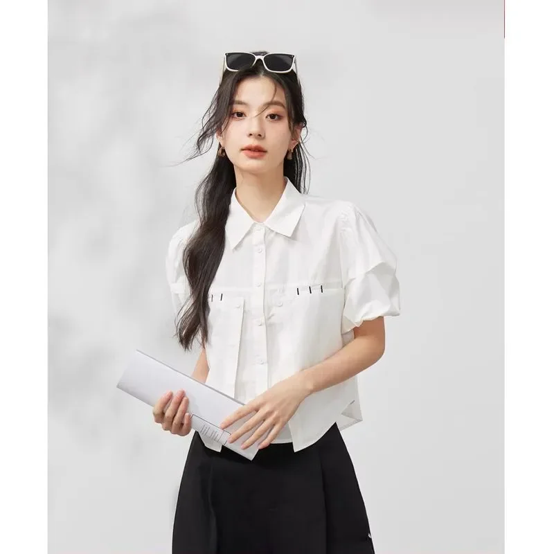 

Women White Cropped Button Down Shirt Puff Sleeve Turn Down Collar Casual Blouse