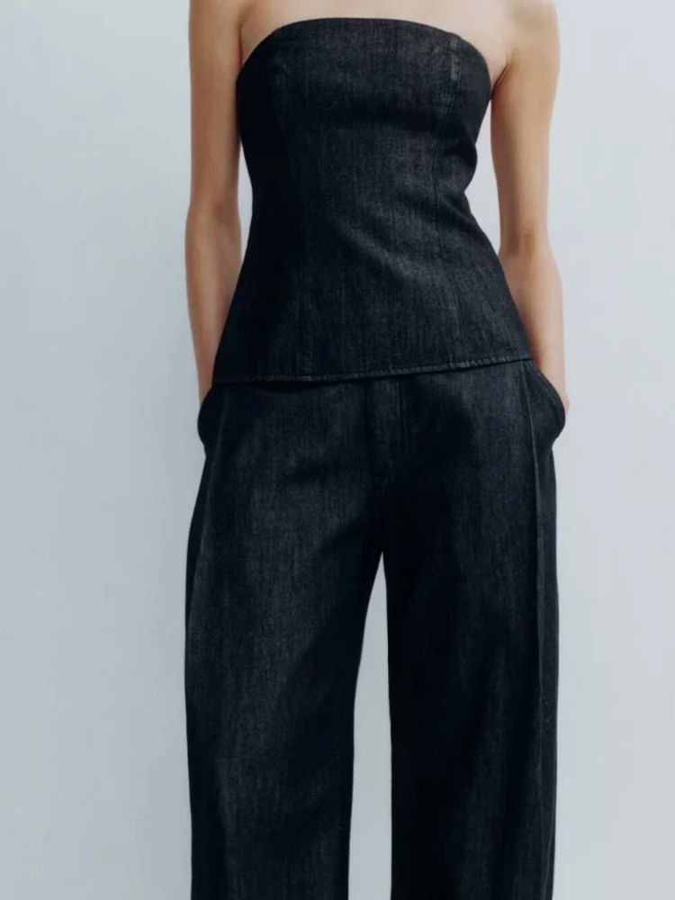 

European and American style spring new women's cotton denim off-shoulder straight collar chest wrap vest slim short top