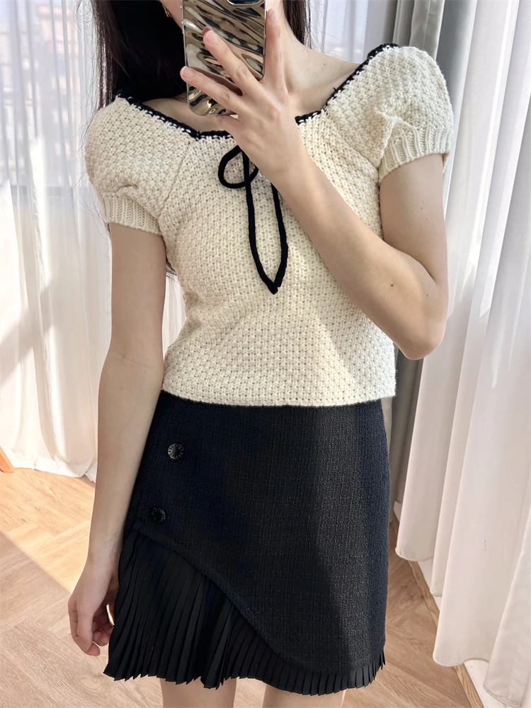 

"Pure sweet and spicy" three-color wool blended U-neck short sweater with bow slimming women's knitted short-sleeved top