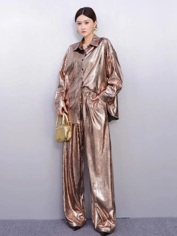 2026 New Design Set for Women Loose Glossy Pattern Top Wide-Leg Pants Two-Piece Fashion Slim V8MP