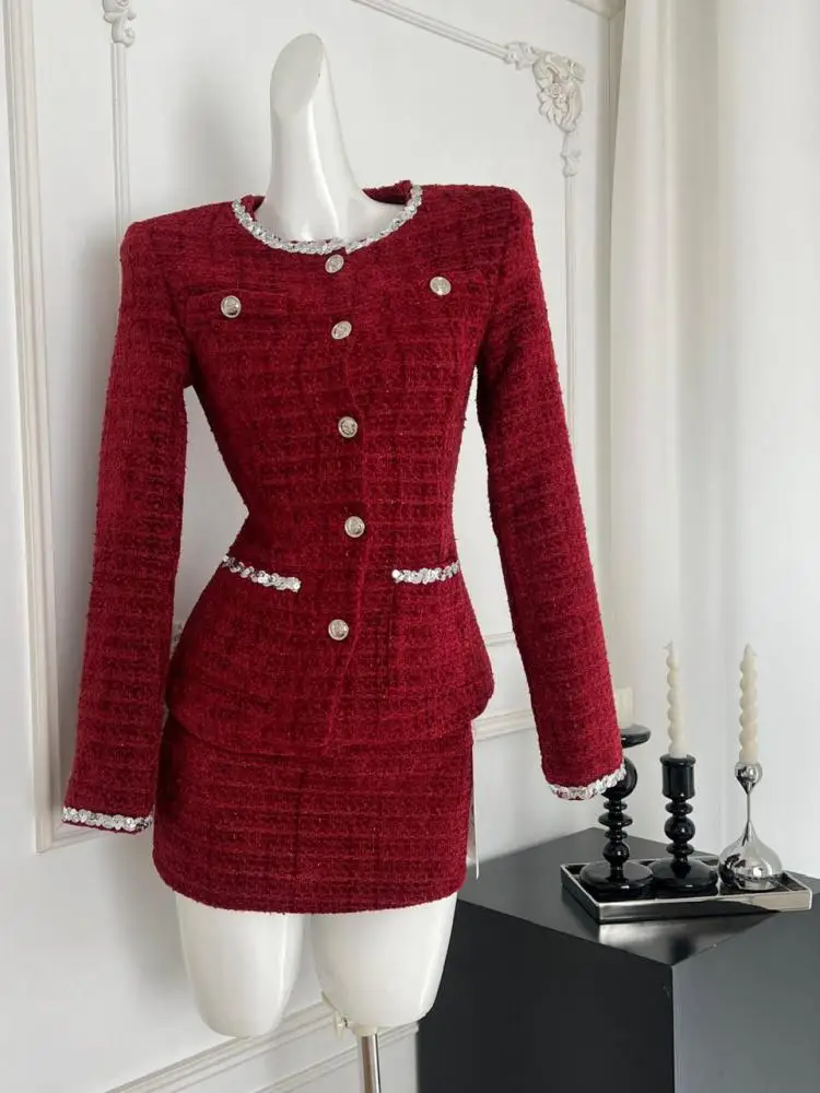 

New Vintage 2024 Women Autumn Winter Red Round Neck Single Breasted Cardigan Coat And High Waist Short Skirt Two Piece Set Trend