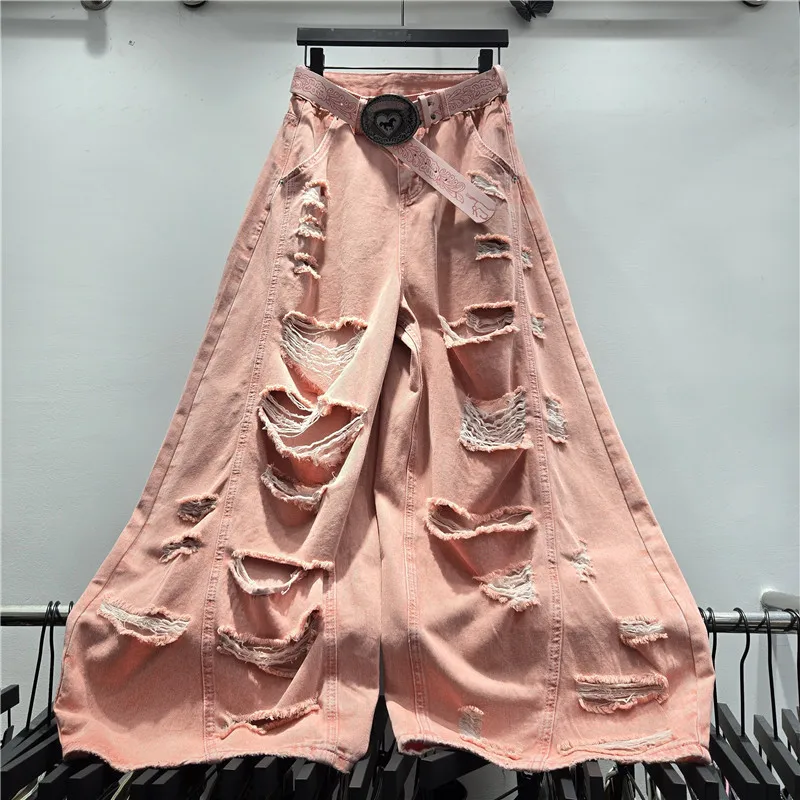 WTHT Vintage Summer 2026 Women Irregular Frayed Hole Straight Denim Pants Fashion High Waist Loose Washed Jeans Female 1LS3099