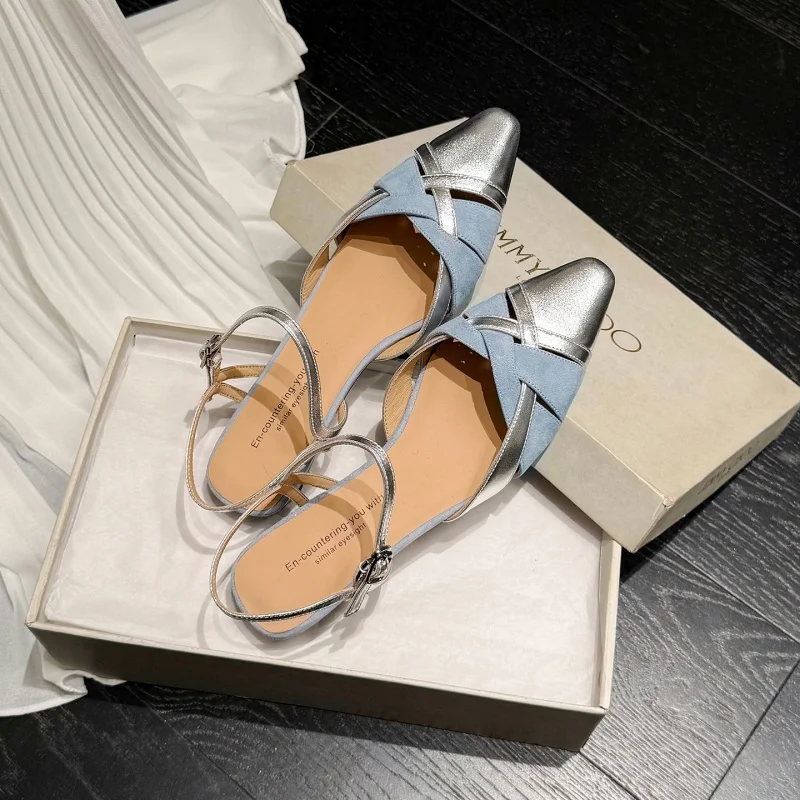 

MKKHOU Fashion Sandals Women's New High Quality Genuine Leather Color blocked Braided Buckle Low Heel Summer Shoes Women