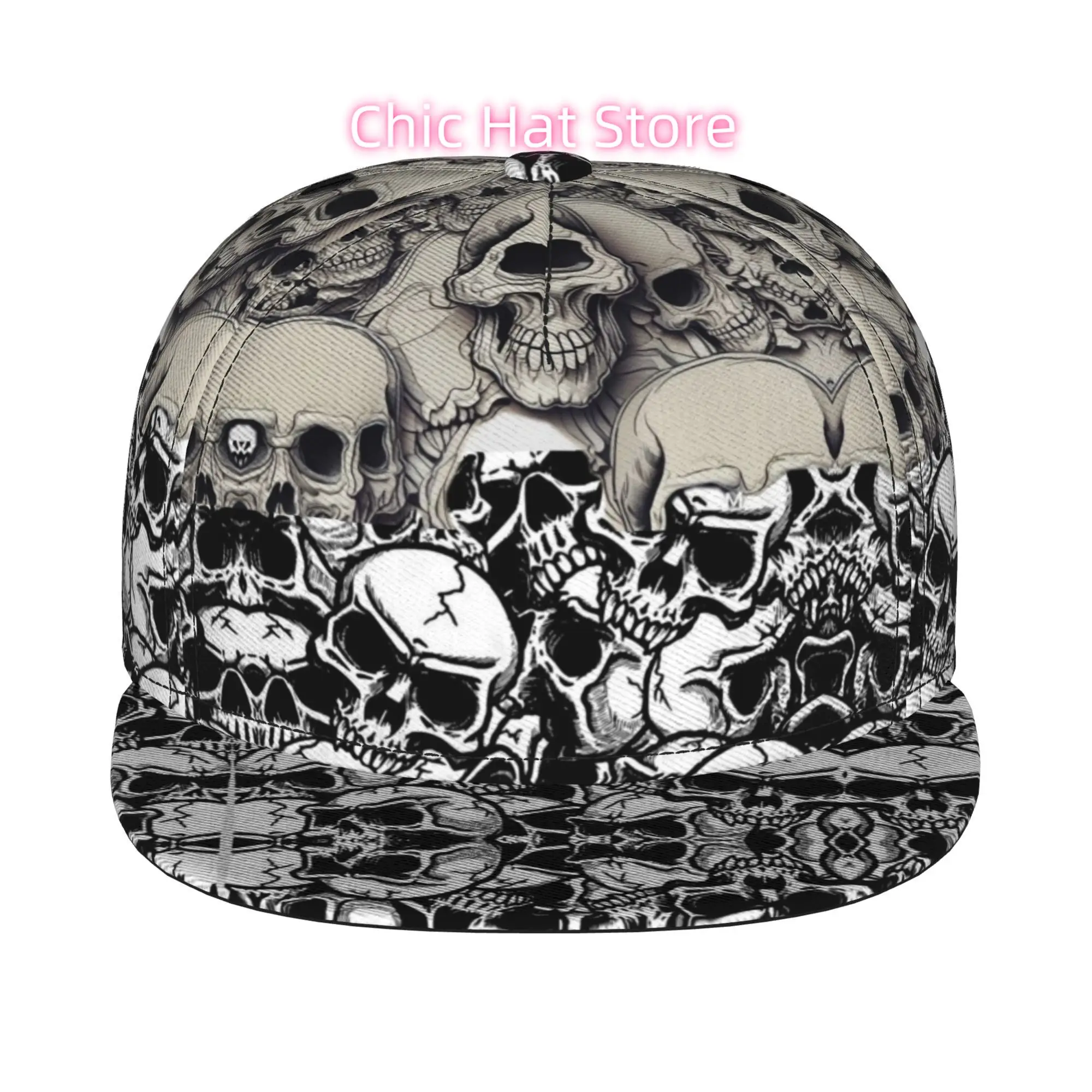 1pc Skull Pattern Seamless Tattoo Design Fully Printed Hip-hop Caps, Baseball Caps, Stylish Flat-brimmed Baseball Caps, Sports O