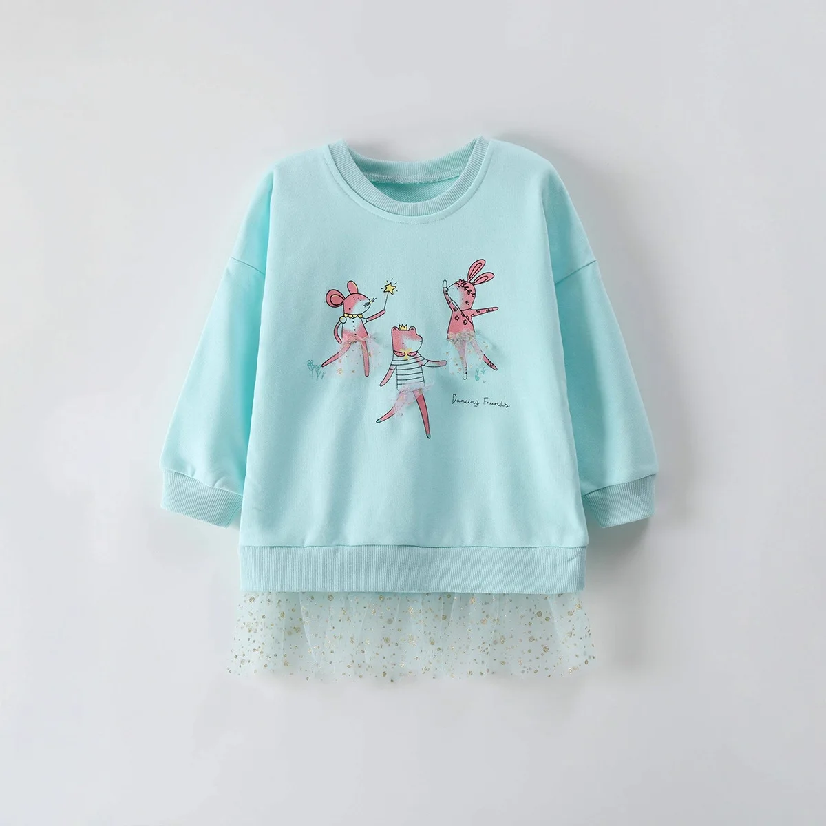 2-8T Girls Sweatshirts Cartoon Animal Print Hoodies Kids Mesh Hem Long Sleeve Pullover Cute Dancing Friends Casual Tops