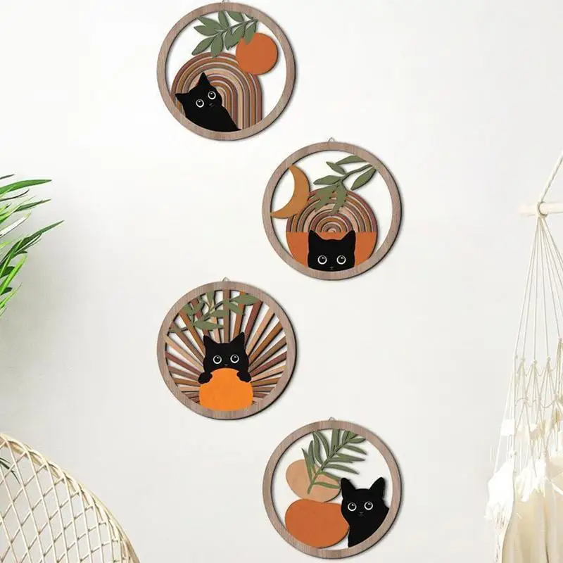 Cat Wall Art Pack Of 4 Bohemian Cat Decorความงามตกแต่งห้องนอนFarmhouseเรขาคณิตHangings 10X10 นิ้วสําหรับห้องนั่งเล่น