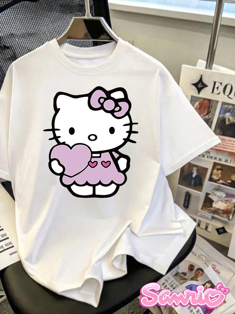 

Официальная женская повседневная футболка Sanrio с короткими рукавами, принт Hello Kitty, свободный топ с круглым вырезом