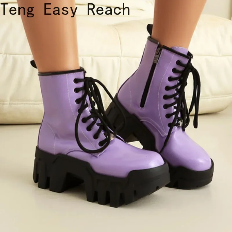 

Plus Size 35-44Patent Leather Chunky Platform High Heels Combat Boots Women Lace Up Motorcycle Punk Rock Gothic Boots