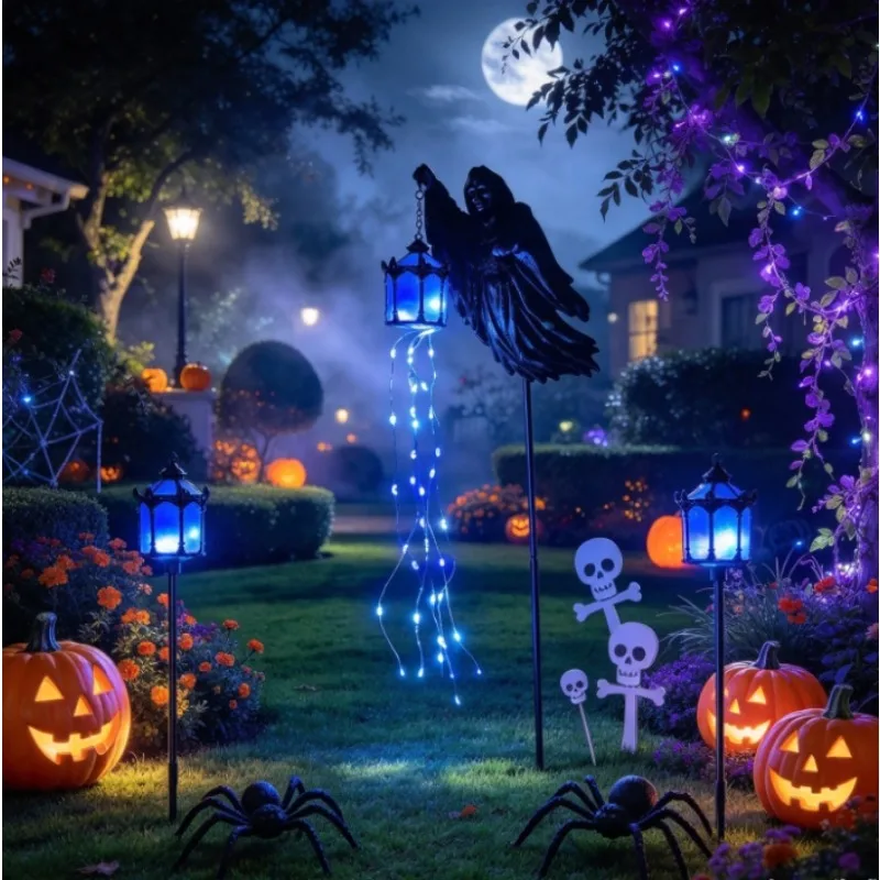 Halloween Soul Harvester Animated Garden Stake Light, Grim Reaper Lantern Resin Glowing Ghost Yard Stake Decoration Ornament