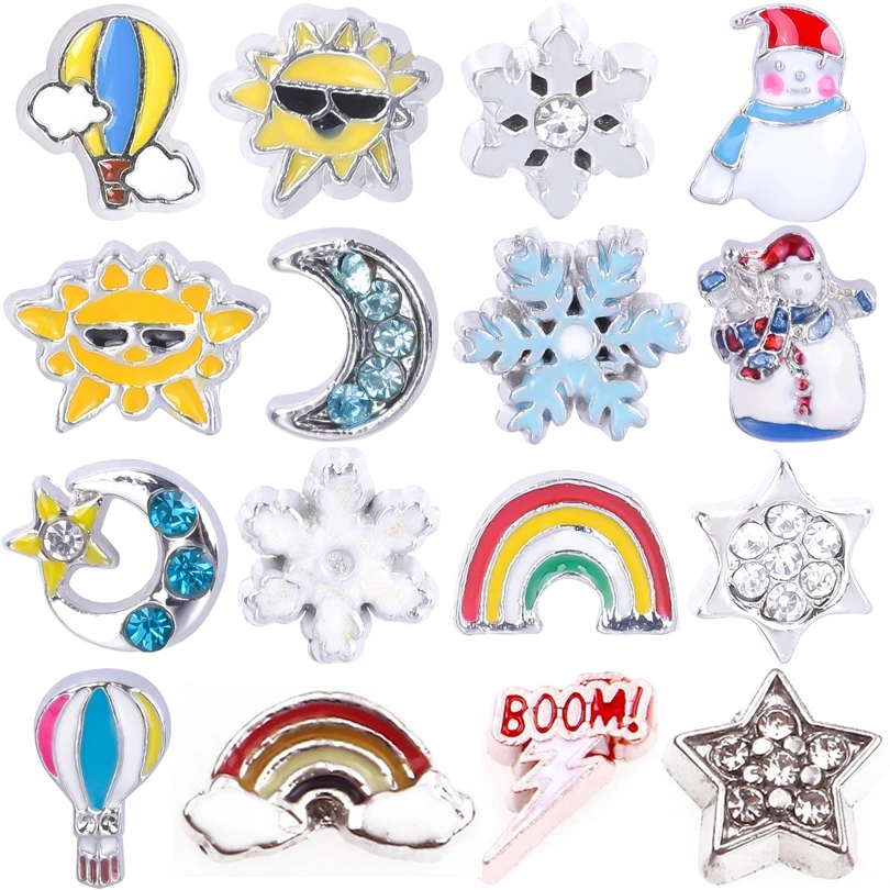 20Pcs/Lot Mini Christmas Snowflake Snowman Sun Moon Star Rainbow Lightnin  Floating Charms Fit Glass Locket Necklaces Jewelry