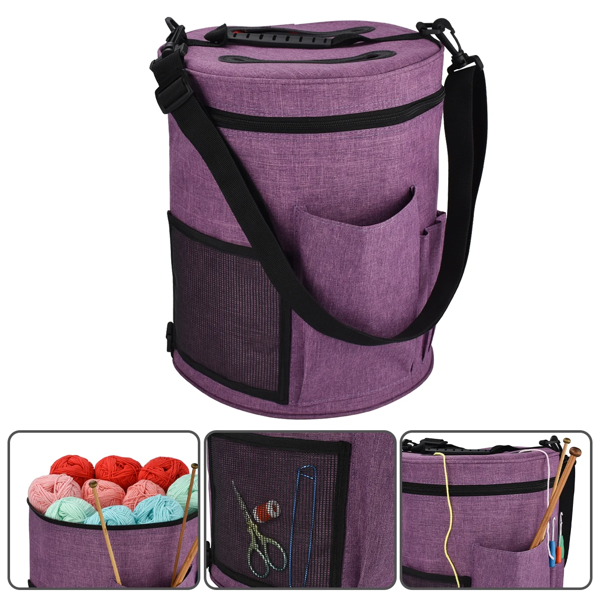 Yarn Storage Bag 600D Oxford Cloth Round Knitting Tools Organizer With Multi-Pockets for Wool Yarn Crochet Hooks Needles Handbag