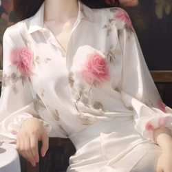 White Floral Chiffon Shirt Top Polo Neck Long Sleeve Thin Print Elegant Lose Blouse Spring New Temperament Fashion Women Clothes