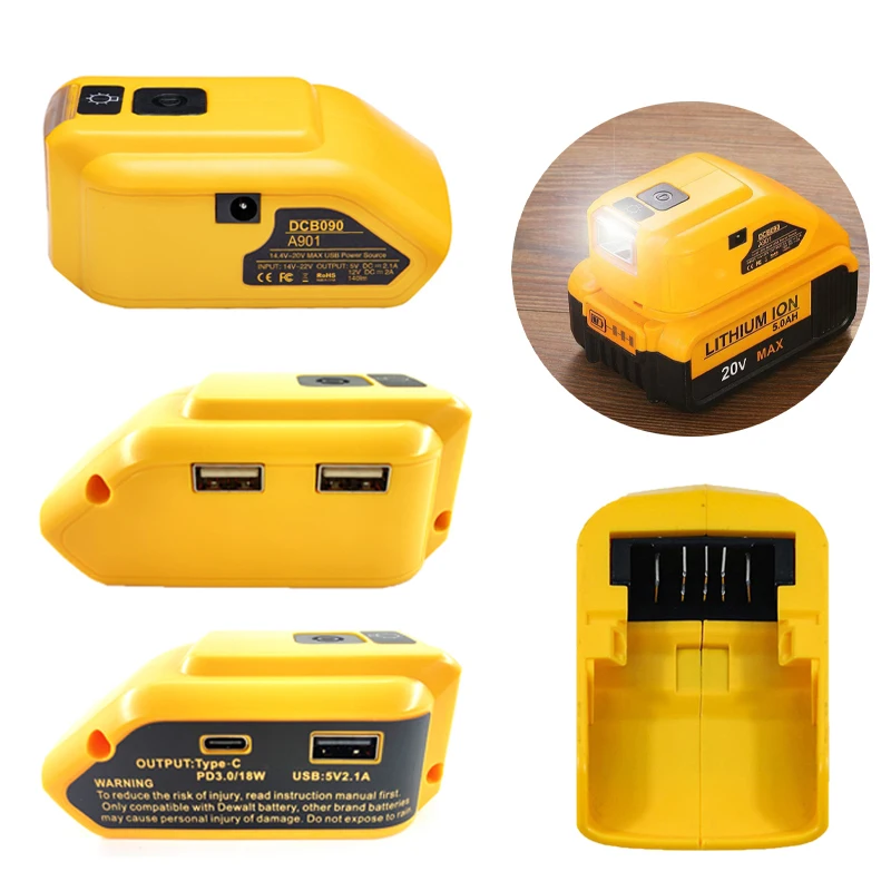 Pengganti asli DCB090 konverter sumber daya untuk Dewalt 20v Max 18V adaptor baterai dengan USB ganda DC 12V lampu kerja LED