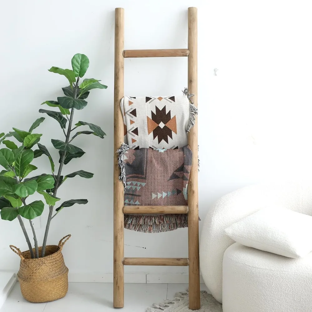 Escalera de manta de madera para sala de estar estilo granja, exhibición decorativa de colcha de pared y toallero rústico