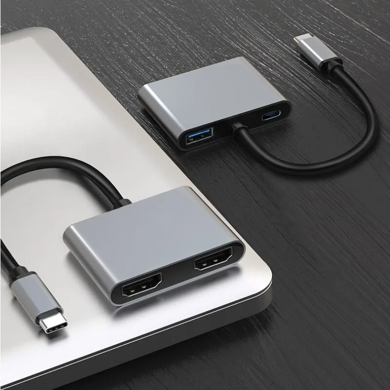 Multi-screen Simultaneous Display Heterodyne Type-c 4-in-1 to Dual HDMI+USB3.0+PD Fast Charge 4K HD Converter HUB Docking Statio