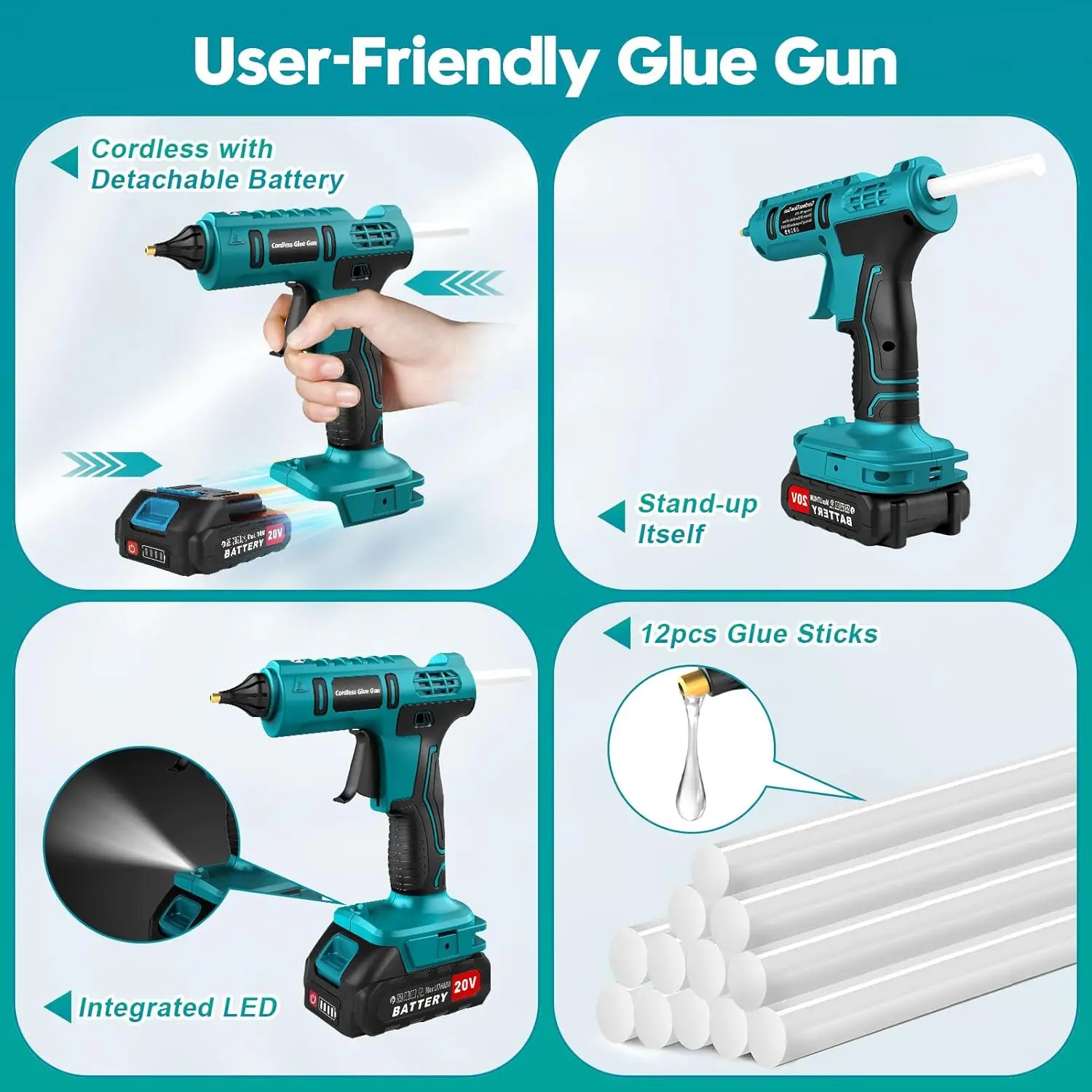 Cordless Electric Hot Melt Glue Gun 20V Battery with 12pcs 11mm Glue Stick Hot Melt Welding Hot Air Gun for Home Crafts DIY