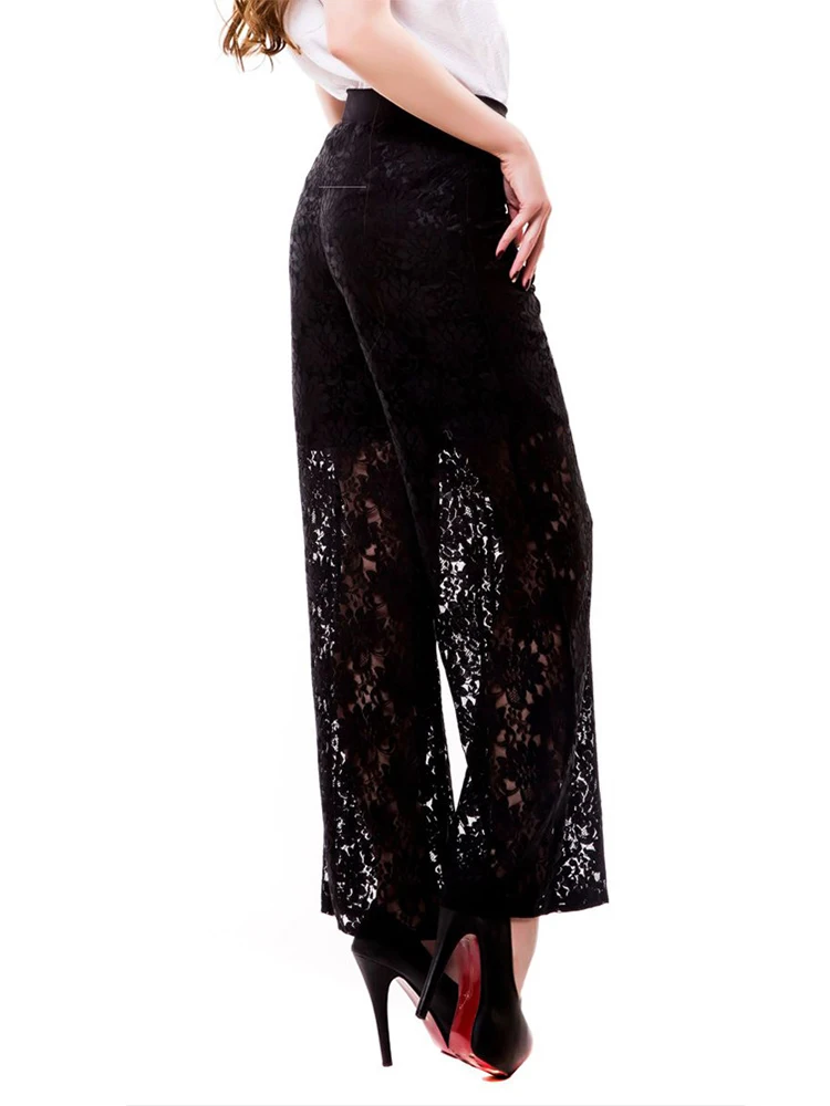 HOUZHOU Sexy Lace Pants Women Black High Waist Wide Leg Trousers Female Vintage Harajuku Hippie Punk Grunge Streetwear Y2k Pants