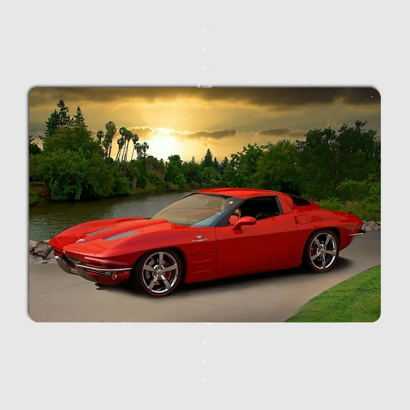 Red C2 Corvette Stingray Classic Sport Car Metal Sign Poster Garage Car Decoration Room Decor Automobile Club Tin Home Decor