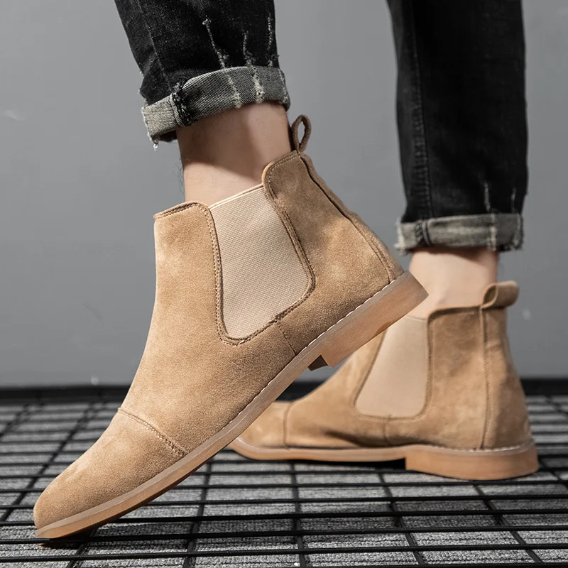Men Suede Leather Chelsea Boots British Style Pointed-toe Dress Boots Outdoor Comortable Non Slip Mens Ankle Boots