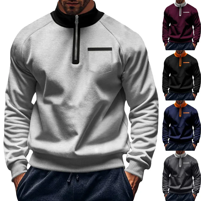 

Autumn/Winter Plus Fleece Hoodie Men's EuropeAn-American Style Casual Men's Patchwork Pullover Zipper Sport Stand Collar Hoodie