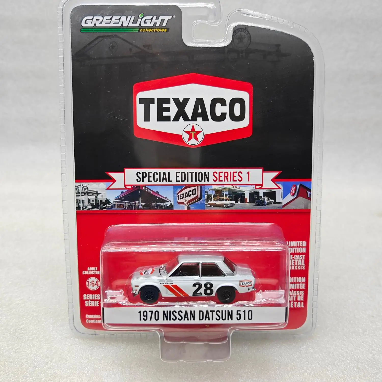 GreenLight 1:64 Texaco Special Edition Series 1 - 1970 Nissan Datsun 510 Diecast Alloy Car Model Collectible