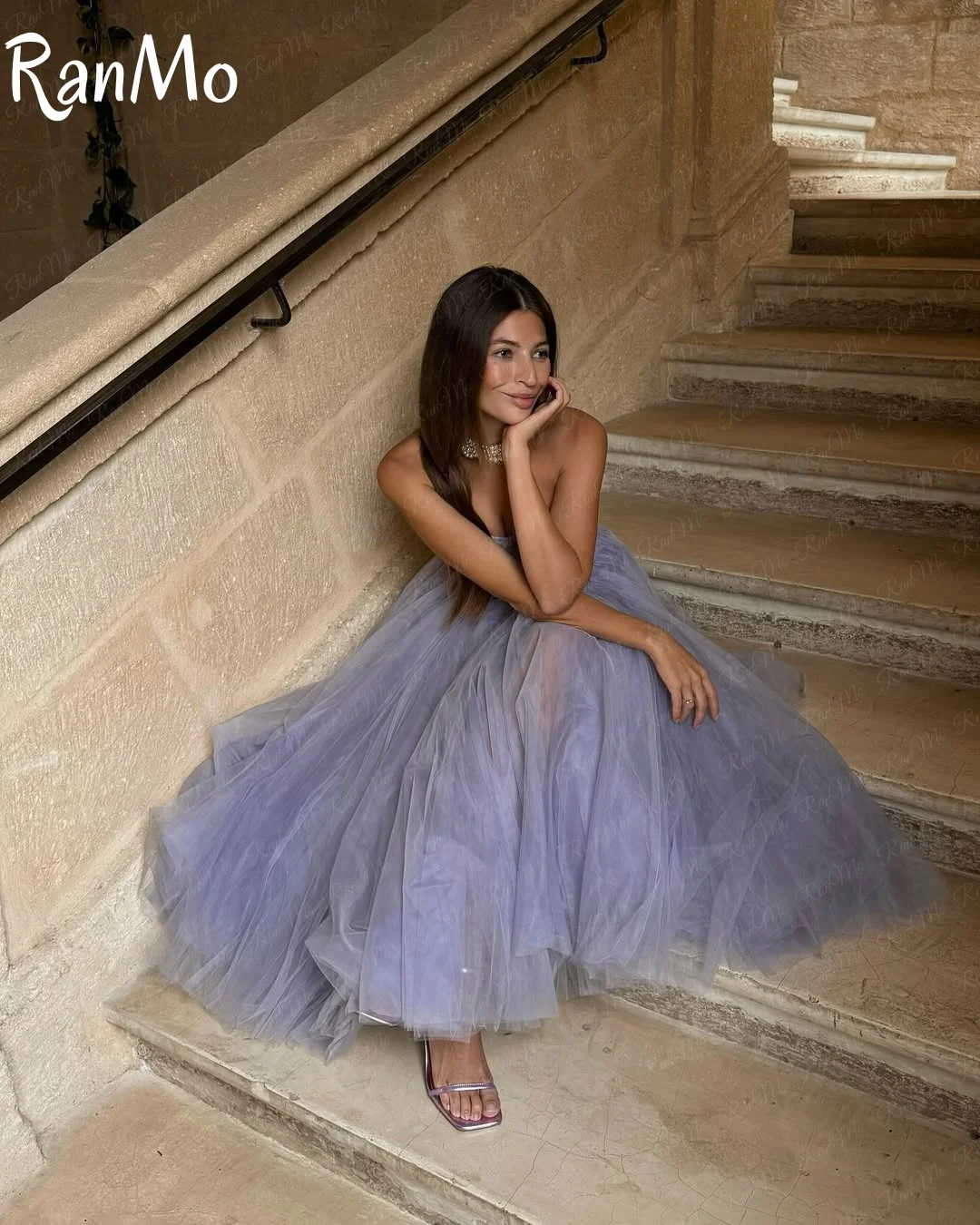 Ranmo Simple Purple A-Line Prom Dresses Strapless Ruched Pleats Party Gowns Tea-Length Soft Tulle Vestidos de noche Customized