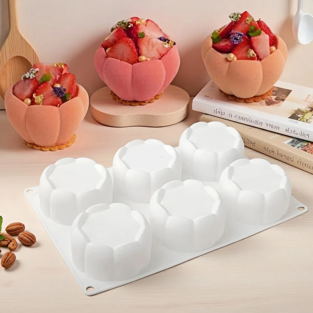 6 Cavity Inverted Flower Mousse Cake Mold Chocolate Dessert Pudding Mold Round Flower Dessert Mold DIY Aromatherapy Candle Mold