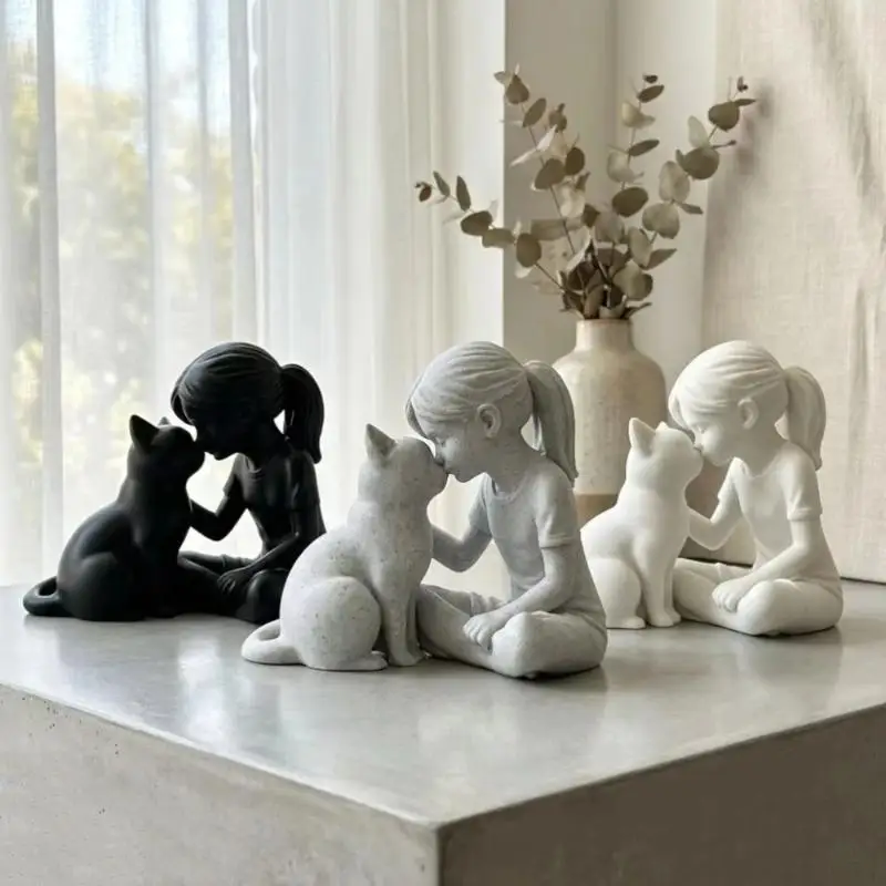 1Pcs Cute 3D Printed Girl Cat Sculpture Plastic Craft Statue Ornament For Living Room Home Decor Supplies