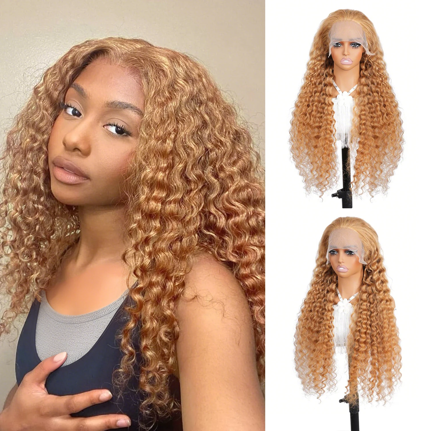 

Color 27 13x6 Deep Wave Human Hair Wigs Malaysian Virgin Hair Honey Blonde Curly Wigs 180% Density Transparent HD Lace Front Wig