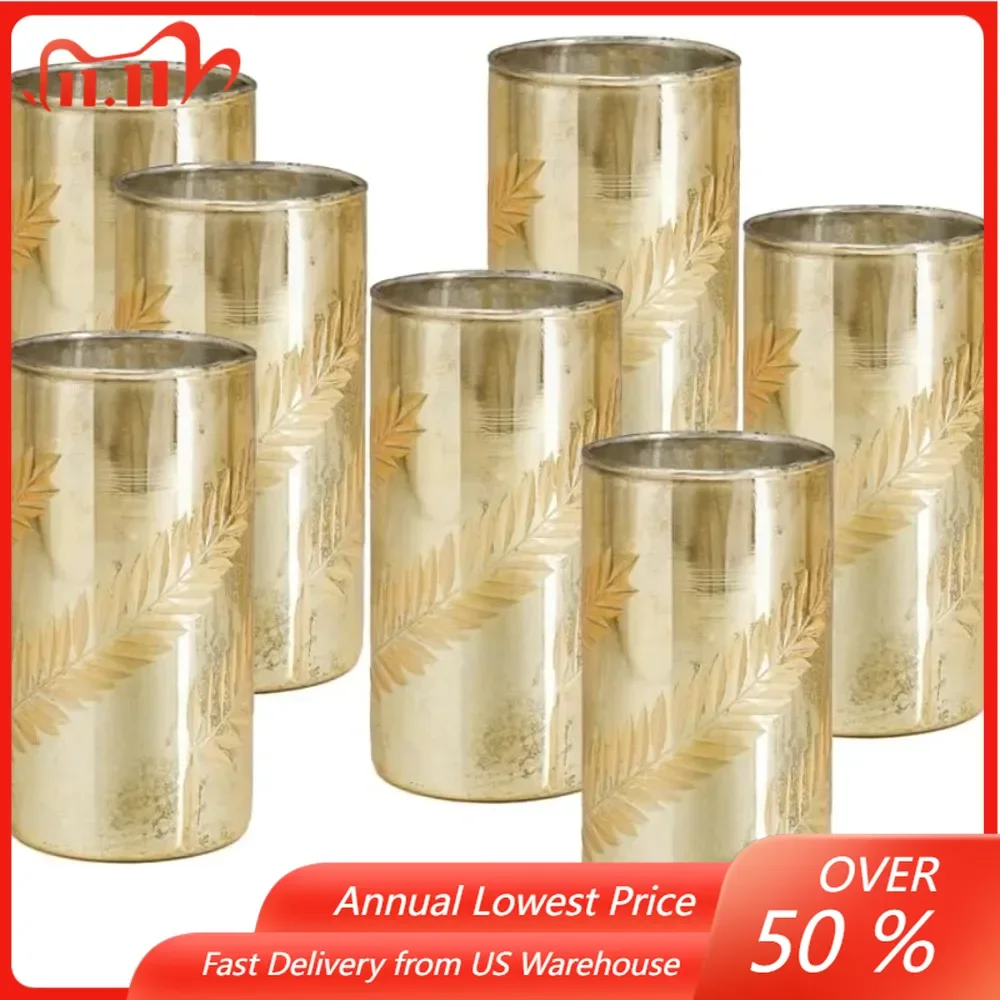 

Gold Cylinder Vase, Modern Mercury Glass Vase Set of 12 Decorative Palm Etched Metal Vase for Flowers, Use as Decor for Home.