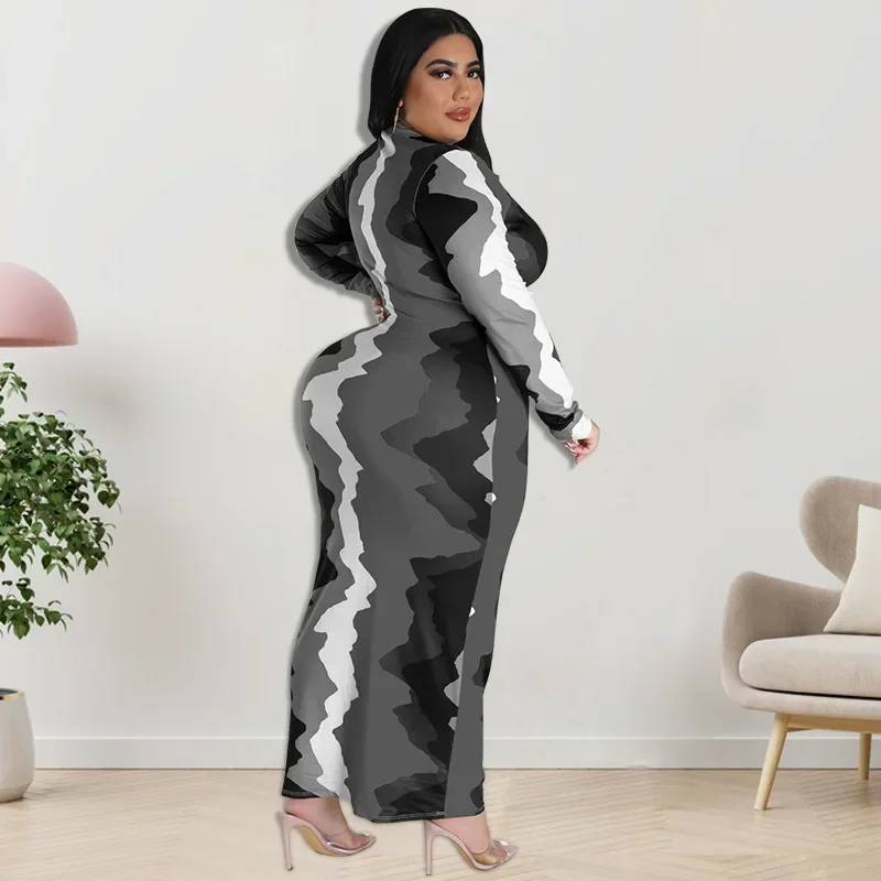 KEXU Mode Plus Size Damesjurken Street Trend Wave Print Maxi-jurk Chique Elegant Casual Grote maat Reversjurk met lange mouwen