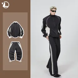 Fashion Casual Mens Set American Stand Collar Color Block Jacket+drawstring Sports Pants 2-pcs Loose Couple Outdoor Charge Suits