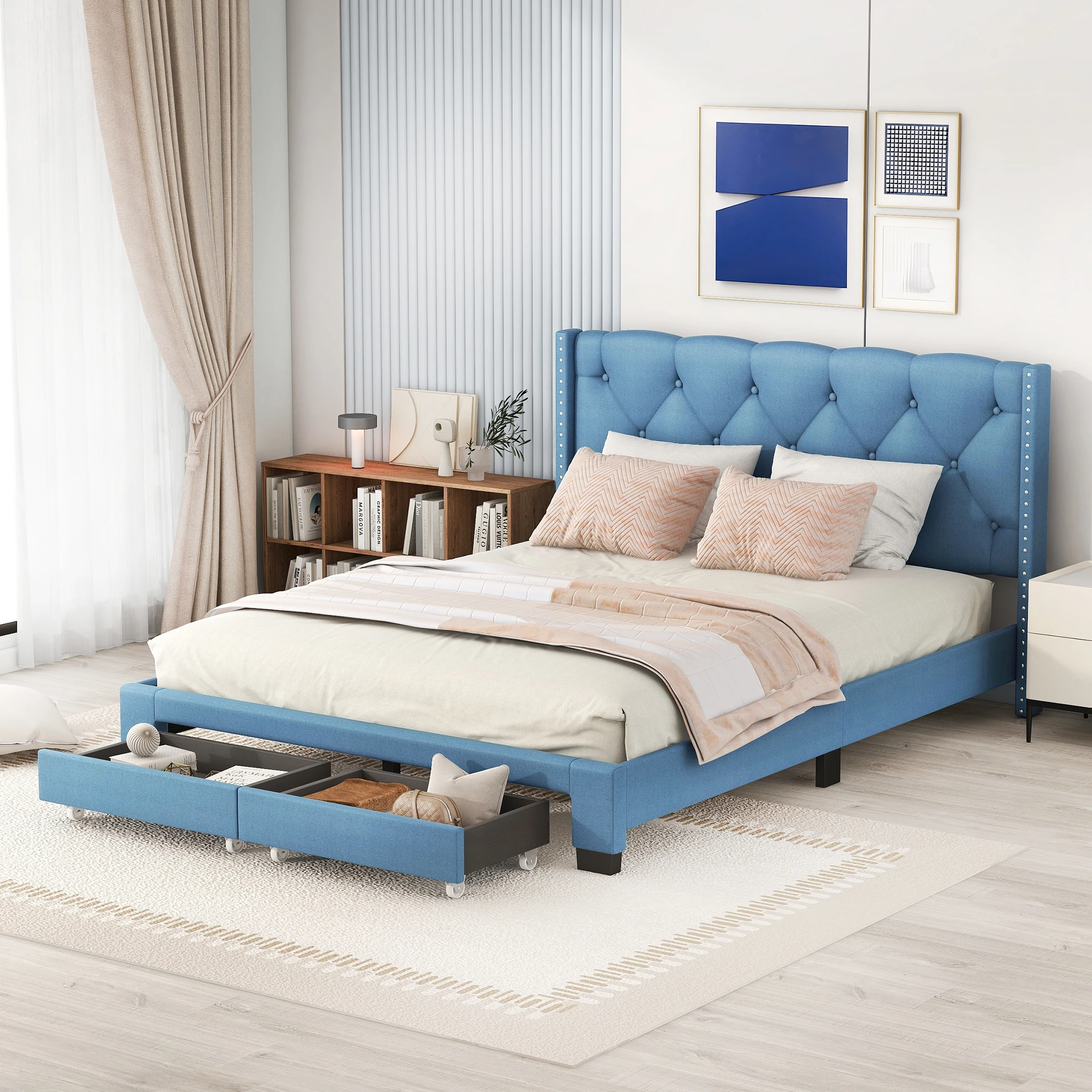 

Large Size Platform Bed with 2 Drawers Linen Upholstered Bed Frame with Storage For Bedroom No Box Spring Needed Home Decor