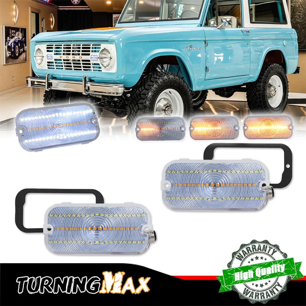 Dual-color LED Dynamic Amber Front Bumper Turn Signal Lights White DRL Parking Lights Driving Lights For Ford Bronco 1966-1968
