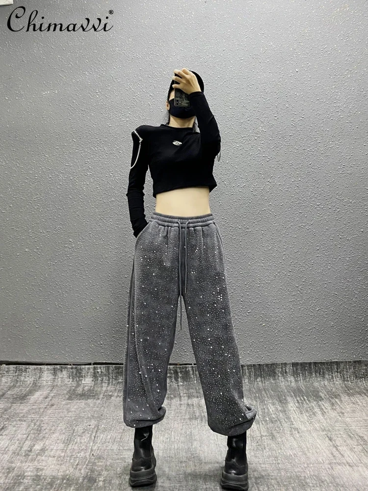 High-end Gray Hot Diamond Fleece Thickened Casual Pants Women's Winter New Fashion High-waisted Loose Slim Versatile Sweatpants