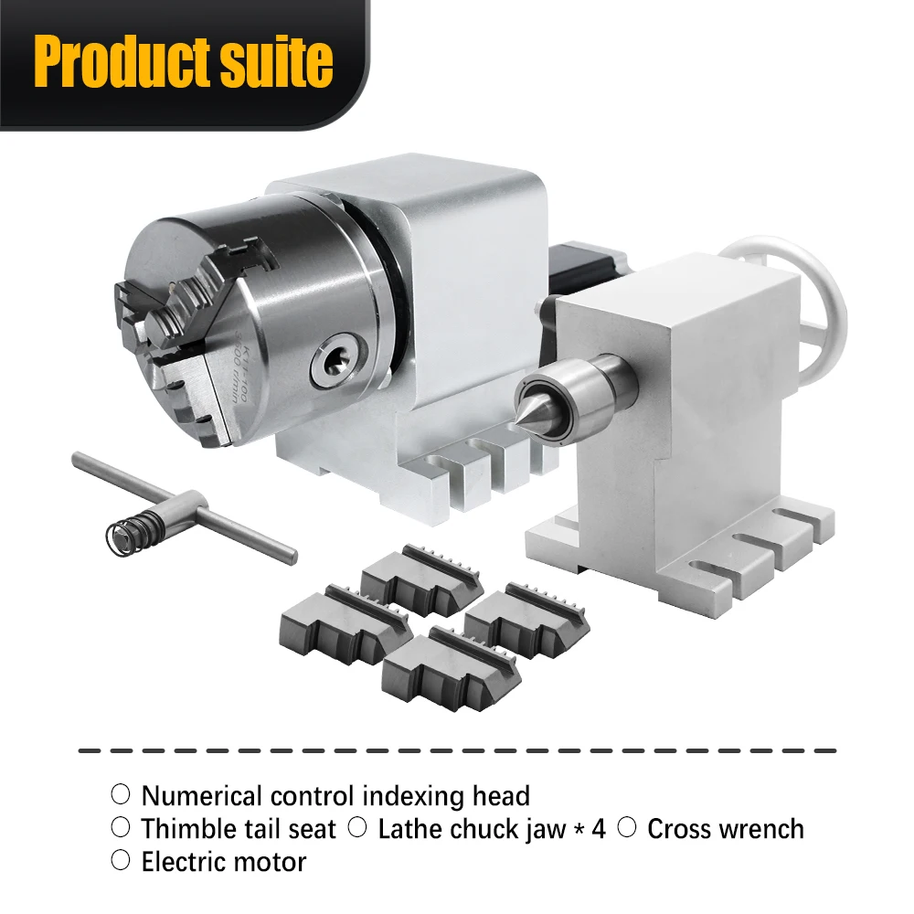 K12-130 CNC 4 Axis Rotary 130mm 4 Jaws Chuck 1:10 Rotary Axis 4th Axis Chuck Tailstock for CNC Router Milling Machine
