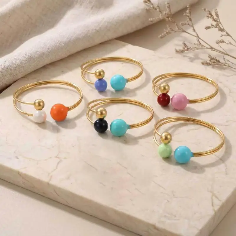 Multi Color Joyful Candy Enamel Round Ball Adjustable Ring Stainless Steel  Gold Color PVD Plated Y2K Jewelry