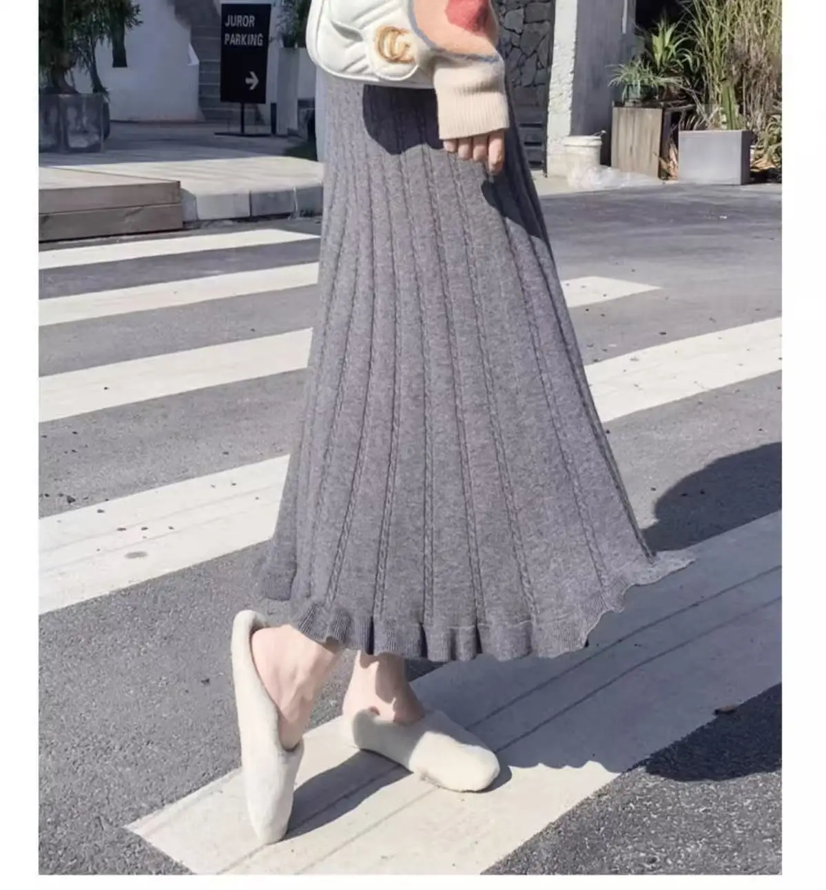 High Waist Knitted Midi Skirt for Women Autumn Winter Solid Casual Pleated Office Skirt Korean Fashion Ruffles Beige