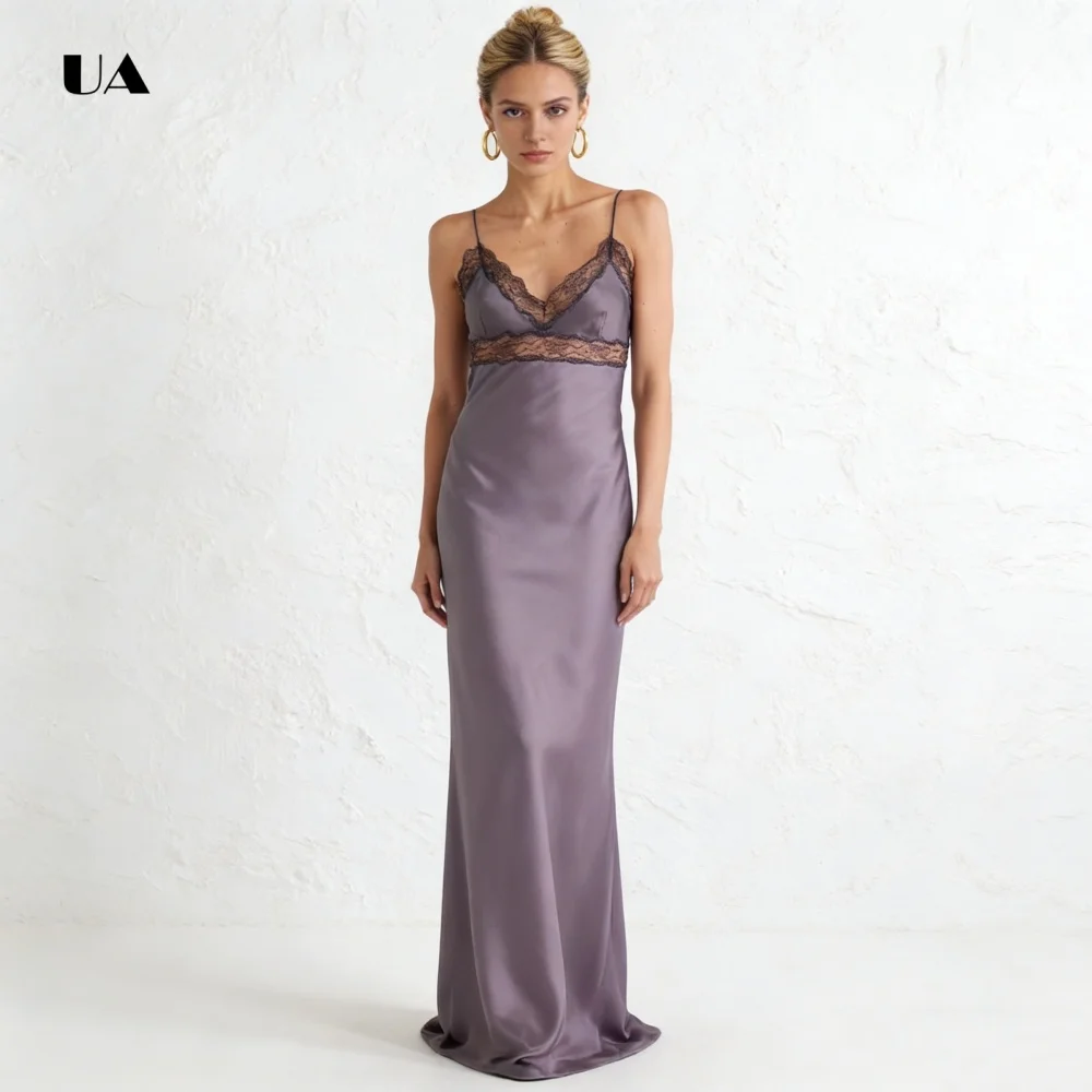 

ULBYANRY Satin Straight Prom Dress with Spaghetti Straps Solid V-neck Evening Dress for Woman Lace-trimmed Customized Party Gown