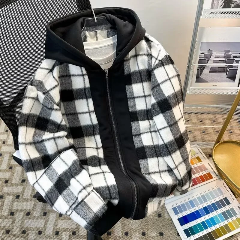 

Casual Plaid Woolen Coat Men's Winter New Sle Vintage Loose Fit Hooded Jaet Youth Faion Polyester Fiber Long Sve Zipper