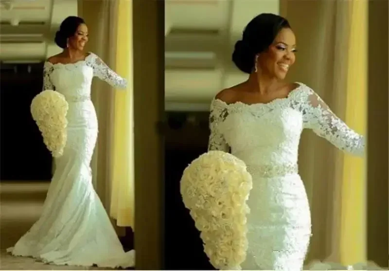 Vestidos de novia de sirena de encaje de manga larga 3/4 personalizados para niñas negras africanas con apliques de cuentas lazo grande de talla grande para novia